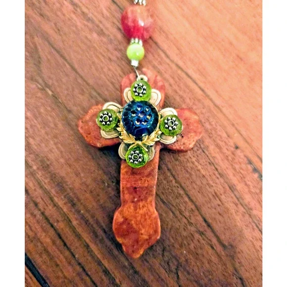 Handmade gemstone cross with Czech glass necklace Boho - Picture 4 of 7
